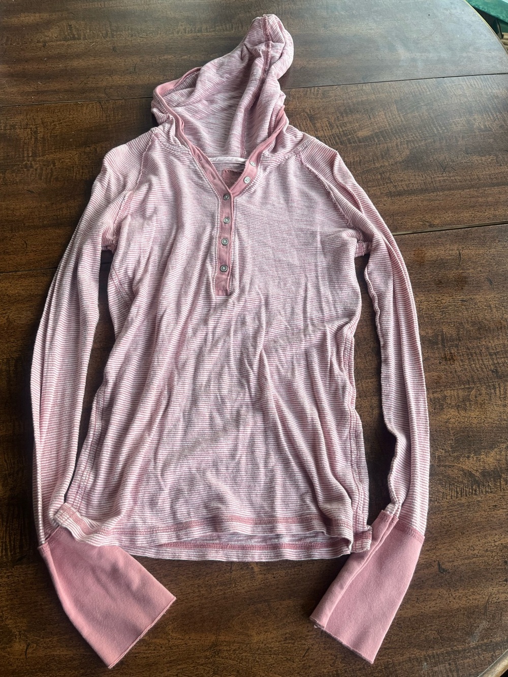 Vintage Y2K American Eagle Bella Swan Hooded Henley Top Pink Stripe Thermal Med